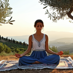**

A serene individual meditating outdoors in a peaceful Turkish landscape. The scene should feature soft, natural light, perhaps at sunrise or sunset, highlighting the beauty of the surroundings. Include elements that are culturally relevant to Turkey, such as olive trees, a distant view of the Mediterranean Sea, or traditional Turkish patterns in the clothing. The overall tone should be calm and inviting, suggesting relaxation and inner peace.

**