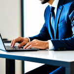 A professional man in a modest business suit, seated at a sleek, minimalist desk in a modern, brightly lit office. His posture is upright and composed, reflecting deep focus. A smartphone is placed face down beside a laptop, indicating digital detachment. The office background is clean and organized, with a subtle wall clock emphasizing time management. The image captures a sense of calm productivity and control. professional photography, ultra-realistic, perfect anatomy, correct proportions, natural pose, well-formed hands, proper finger count, natural body proportions, safe for work, appropriate content, fully clothed, professional.